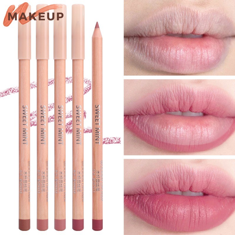 Lip Makeup Cosmetic - Soft Nude Pink Lip Liner Outline Pen - Smooth Velvet Matte Wood Lipliner Pencil - กันน้ํา ติดทนนาน Non-stick Cup