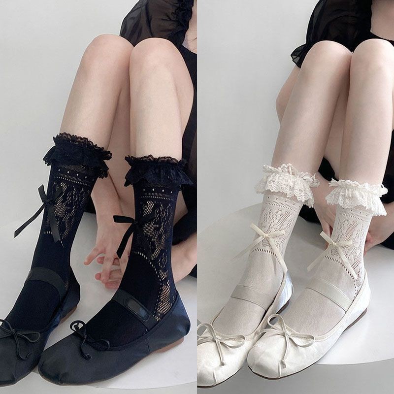 ถุงเท้าลูกไม้สําหรับผู้หญิง Lolita สไตล์บัลเล่ต์ Jk Bow ถุงเท้า