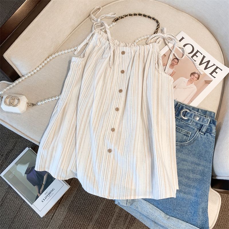 🧡LINNA🧡แขนกุด เวอร์ชั่นเกาหลี แถบ สีอ่อน เสื้อเชิ้ต หวาน แฟชั่น