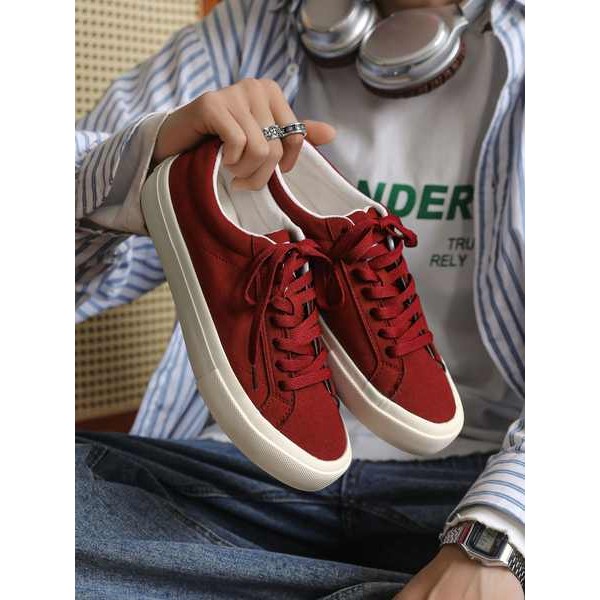 ลุง Xu Retro Burgundy รองเท้าผ้าใบ 2023 ใหม่ Low-Top chic Casual All-Match คู่รองเท้าผ้าใบผู้ชายผู้หญิง