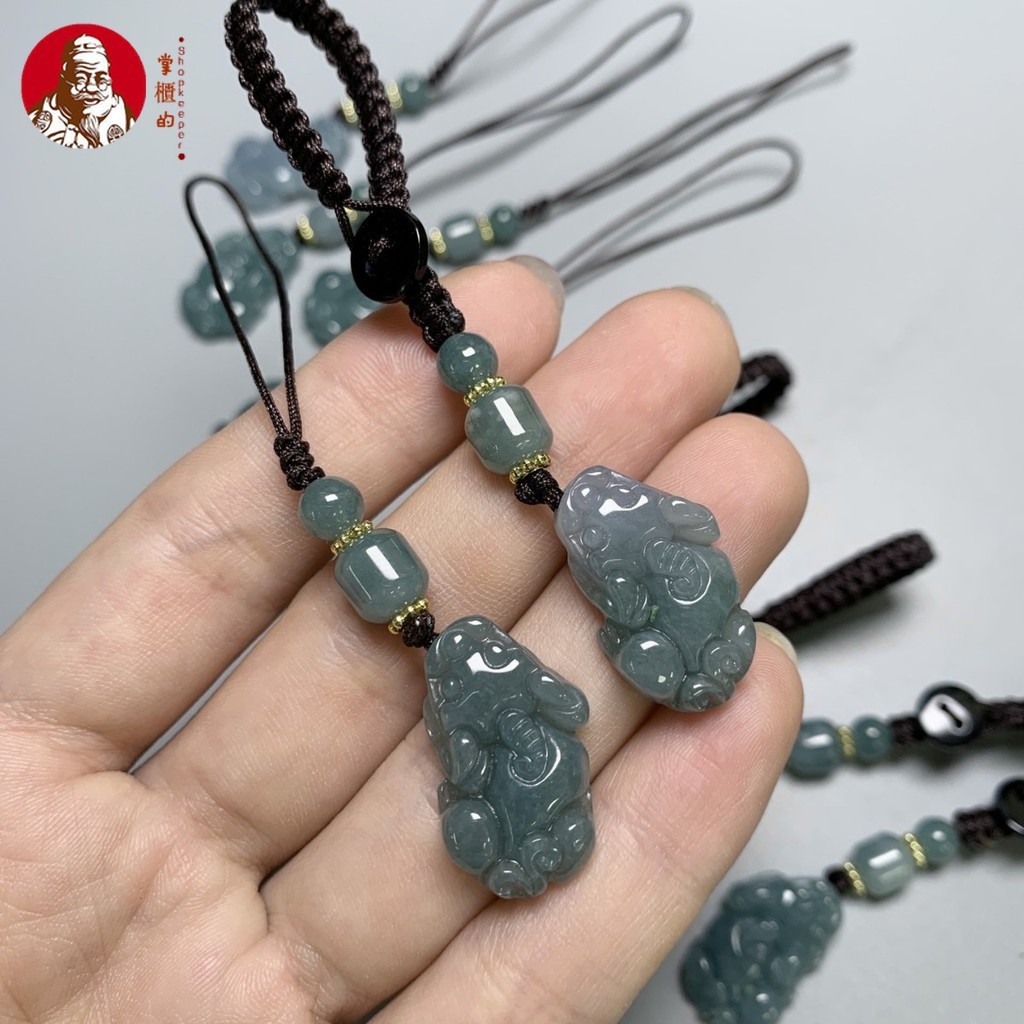 ((1 ราคา) สีฟ้าน้ําปี่เซียะกระเป๋าแขวนพวงกุญแจเชือกกระเป๋าแขวนหยกกสินค้าเครื่องประดับหยกจี้งานฝีมือ