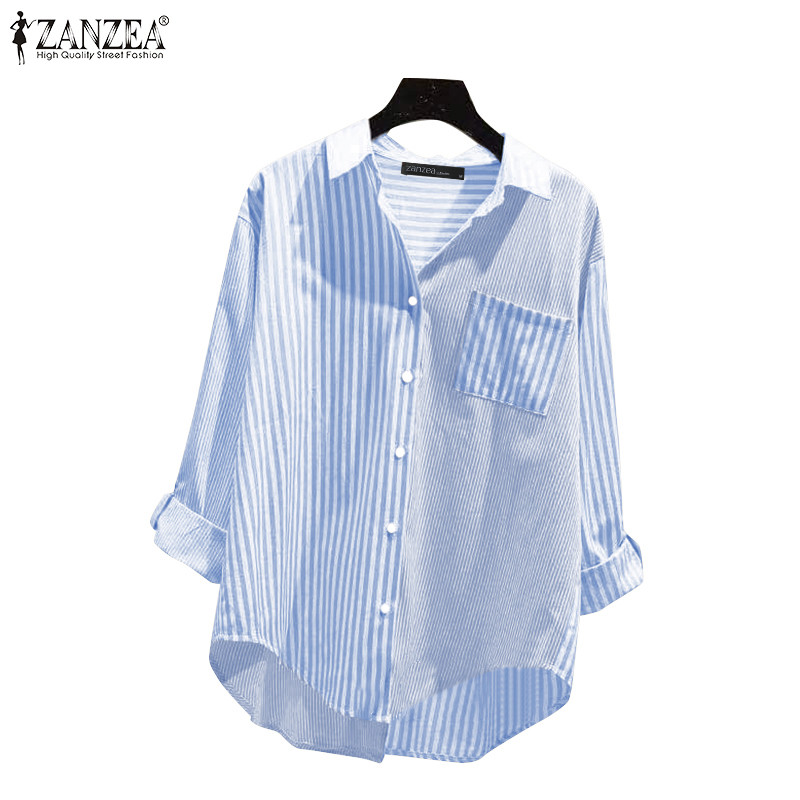Zanzea ผู้หญิงเกาหลีลาย Patchwork Turn-Down-Collar ปุ่ม Cuffs เสื้อแขนยาว