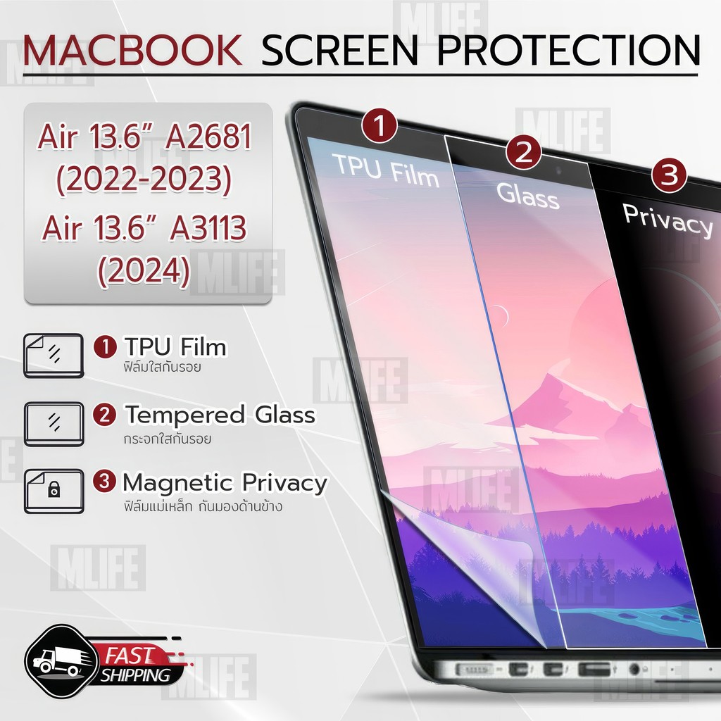 MLIFE - กระจก ฟิล์มกันรอย MacBook Air 13.6" M3 A3113 (2024 ) M2 A2681 (2022-2023) ฟิล์มแม่เหล็ก สติ๊กเกอร์กันรอย