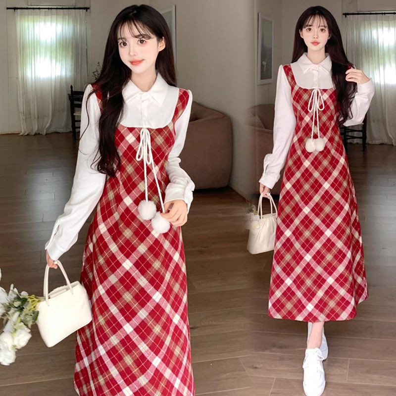 ร้านค้าแนะนําเสื้อคลุมปีใหม่หวานแคบเอวปกท้อง ผอมลง ดูชุดแฟชั่นฤดูหนาวย้อนยุคลายสก๊อตปลอมสองชิ้นกระโปรงยาวปานกลาง