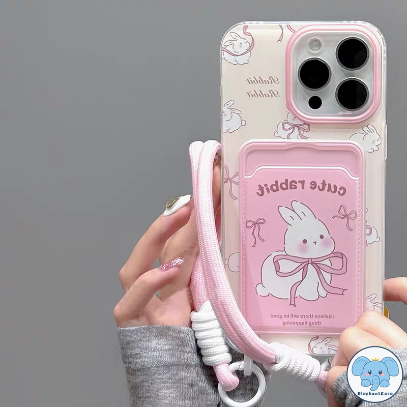 กระต่ายการ์ตูนเข้ากันได้เคสไอโฟน 11 16 13 XR 15 14 12 Pro Max 7 8Plus X XS Max SE โบว์สีชมพูเชือกกระเป๋าสตางค์บัตรเคส