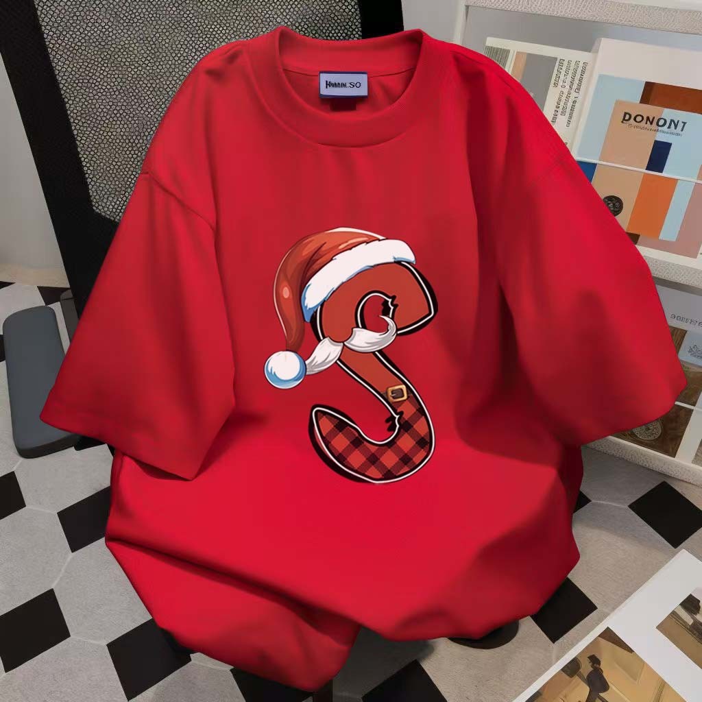 (จัดส่งตลอด 24 ชั่วโมง)Woo Right เสื้อยืดแขนสั้นสีแดงคริสมาสต์บุคลิกภาพสร้างสรรค์ DIY พิมพ์รูปแบบเสื้อผ้าวัยรุ่นไม่หดตัว