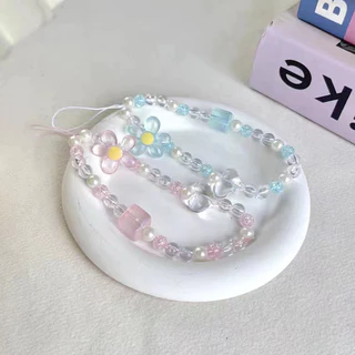 เชือกโทรศัพท์มือถือสายคล้องโทรศัพท์ลายดอกไม้เล็กสีโปร่งแสงพร้อมลูกปัดสีลูกกวาด สายคล้องกระเป๋าพร้อมลูกปัดสีลูกกวาด-CY