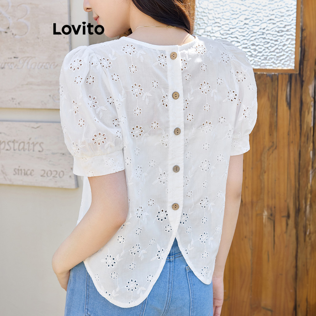 Lovito เสื้อเบลาส์ผ่าหลังสีพื้นเรียบหรูหราสำหรับผู้หญิง L108ED481