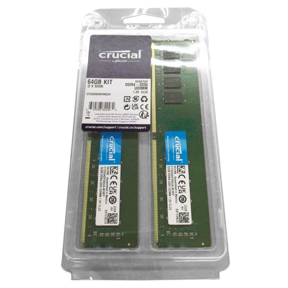 Crucial 64GB (2 x 32GB) DDR4 3200 MHz CL22 UDIMM RAM Desktop Memory Kit, CT2K32G4DFD832A