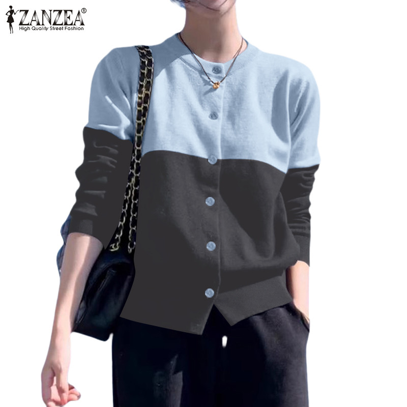 Zanzea ผู้หญิงเกาหลีลําลองคอกลมแขนยาวสีปิดกั้น Patchwork Kimonos