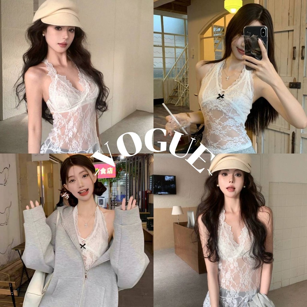 Vogue พร้อมส่ง เสื้อคล้องคอลูกไม้ สีขาว ใส่สบายเซ็กซี่เบาๆ (M0559/M0771)