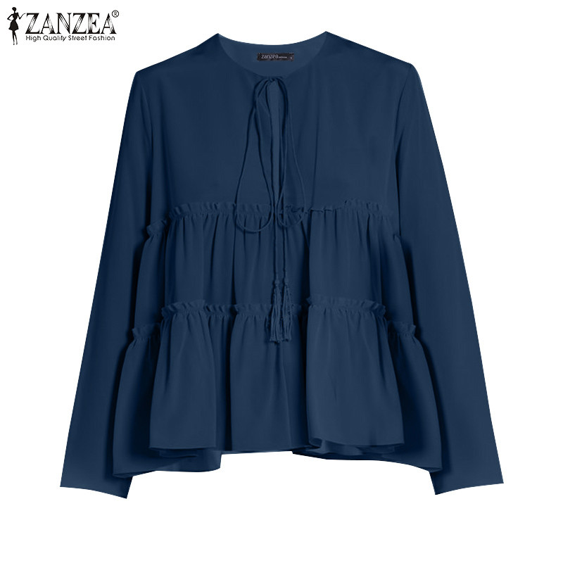 ZANZEA ซานเซีย ผู้หญิงเกาหลีลําลองหรูหรารอบคอเสื้อแขนยาวเสื้อหลวม