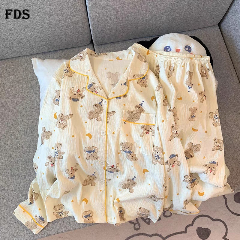 FDS ฤดูใบไม้ผลิและฤดูใบไม้ร่วงกางเกงขายาวชุดนอนผู้หญิงผ้าฝ้ายลายเมฆการ์ตูนน่ารักญี่ปุ่นชุดบริการที่บ้าน