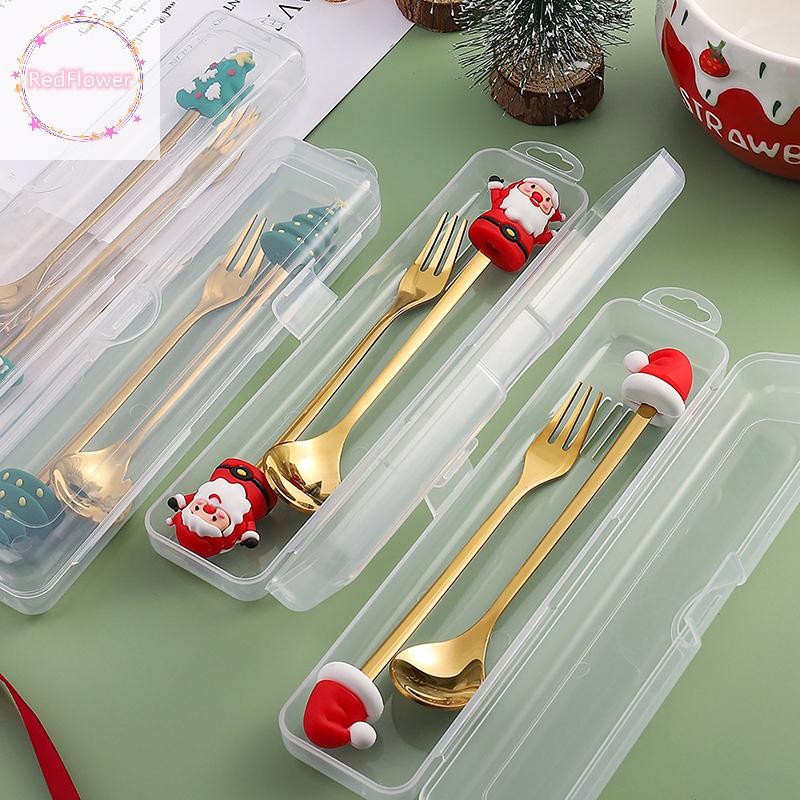Redflower 2PCS Christmas Tableware ชุดกาแฟสแตนเลสขนมหวานช้อนส้อม Xmas ของขวัญตกแต่งคริสต์มาส 2025 ปีใหม่ตกแต่งบ้าน TH