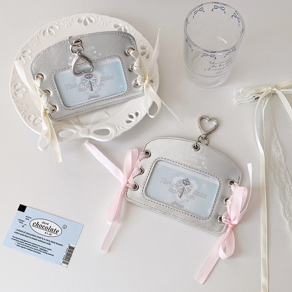 Ins Ballet Silver Leather PU Card Holder Ballet 3 Inch Small Card Display Hanging Protective Case Ribbon Idol Card Holder