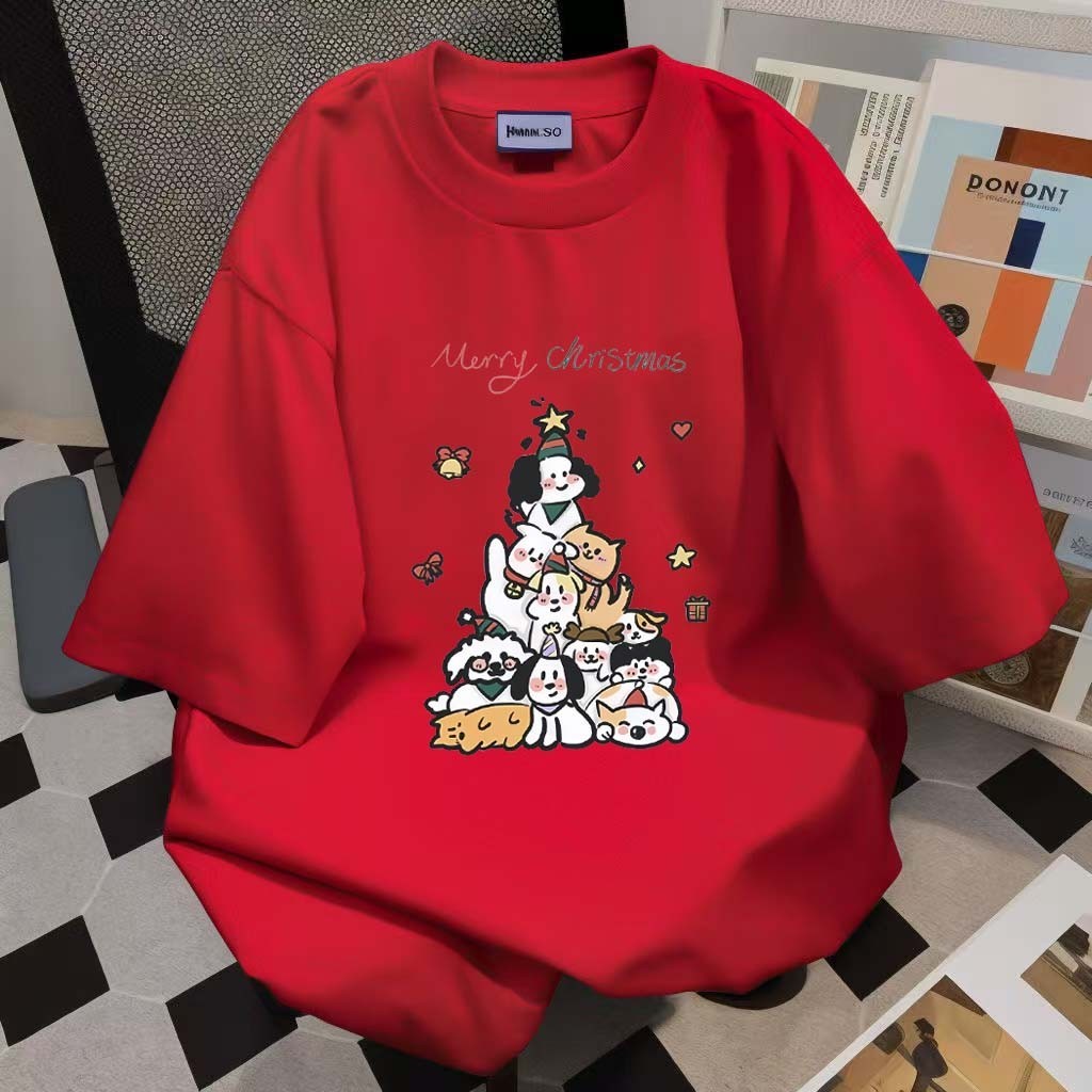 (จัดส่งตลอด 24 ชั่วโมง)Woo Right เสื้อยืดแขนสั้น ลายสุนัขน้อยนำโชคในวันคริสต์มาส ผ้า cotton 100% ใส่ได้ทั้งชายและหญิง 3