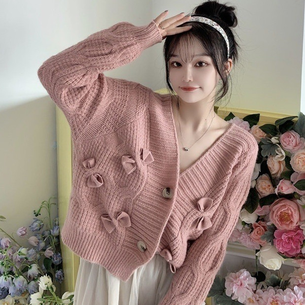 Floerns เสื้อไหมพรมแต่งโบว์น่ารัก เสื้อคาร์ดิแกน ผ้าวูลถัก