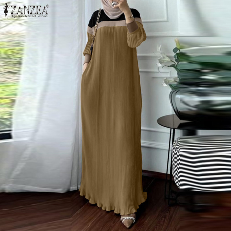 Zanzea ผู้หญิงมุสลิมแขนยาว Contrast สี Pleating Slit กระเป๋าชุดแฟชั่น