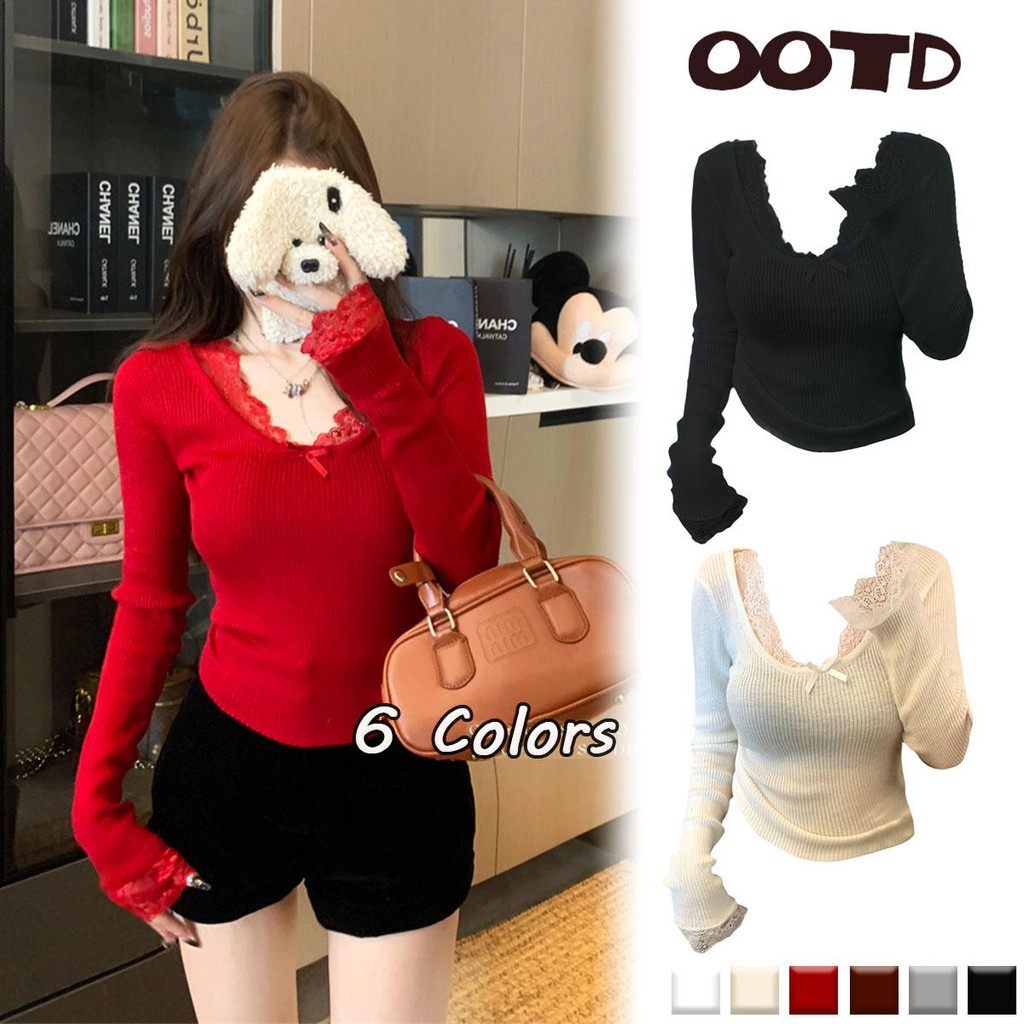 KOKO#แขนยาวไหมพรมผู้หญิงมีโบว์ คอวีลูกไม้ เสื้อไหมพรมคริสมาสต์ ทรงเข้ารูป#N082