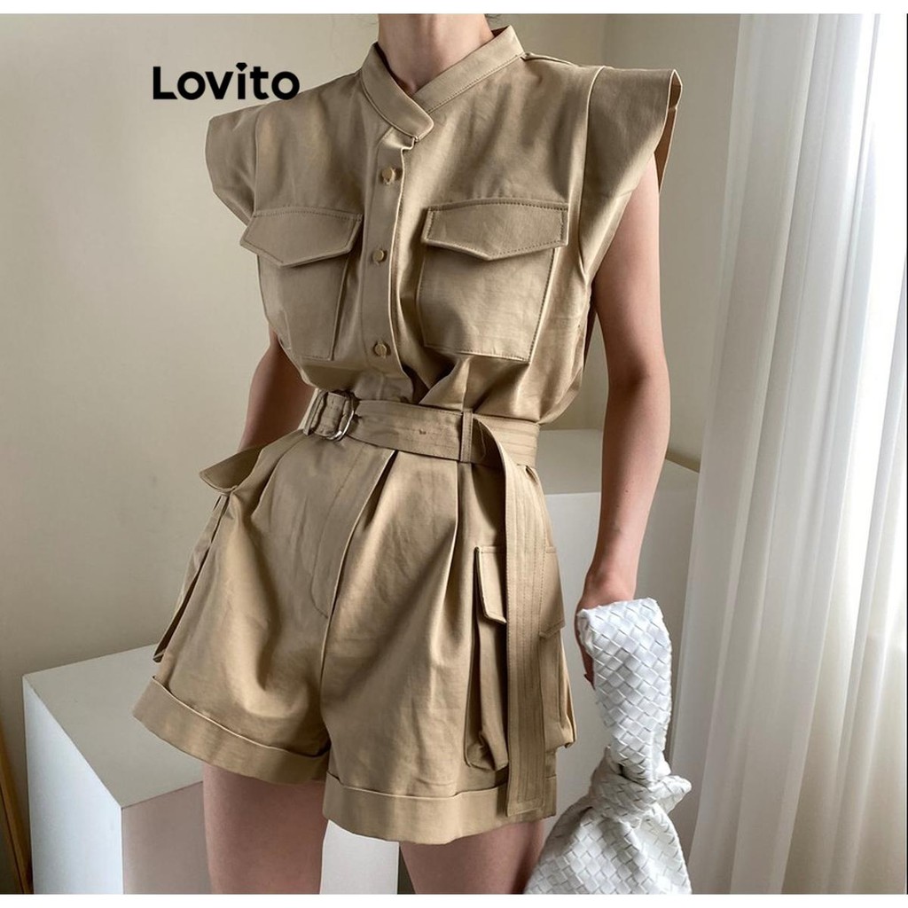 Lovito จั๊มสูทผู้หญิง มีกระเป๋า สีพื้น สไตล์ลำลอง LNA58344