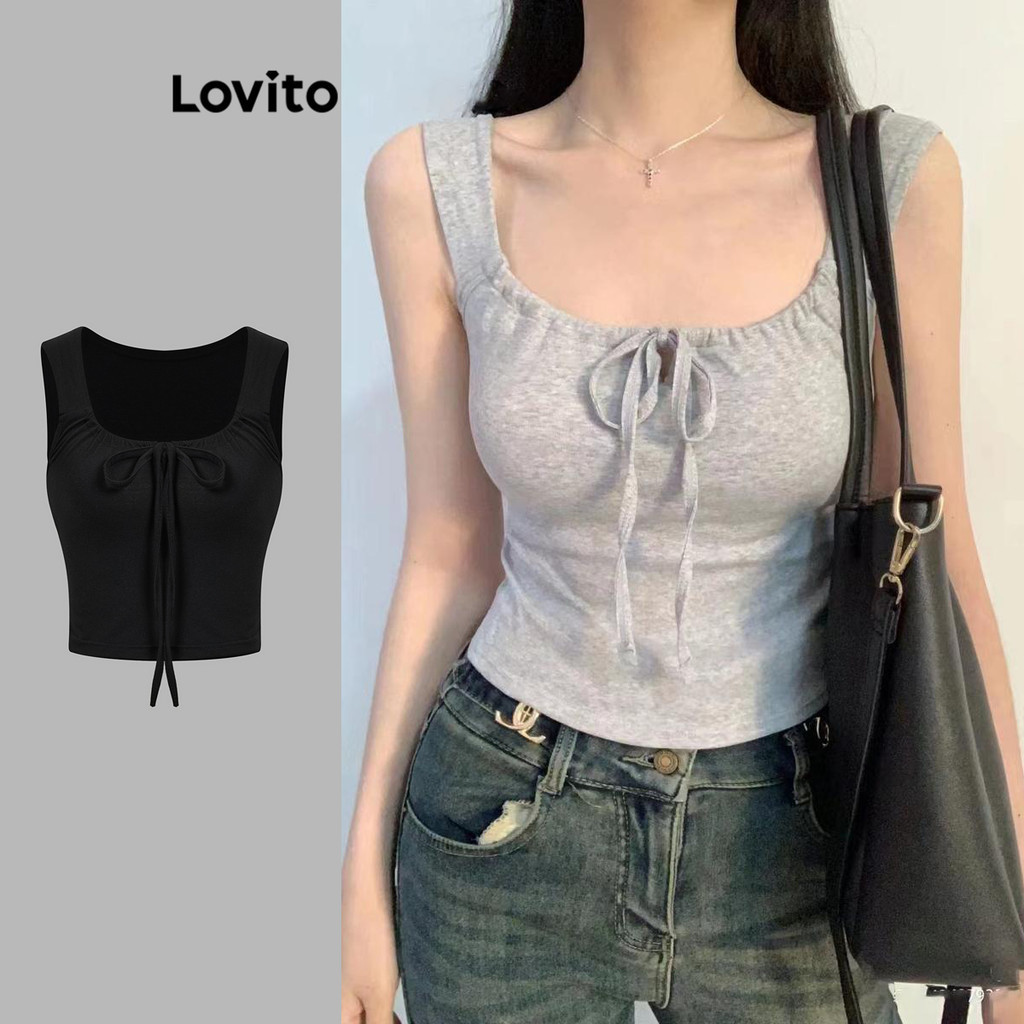 Lovito เสื้อกล้ามผู้หญิง ผูกหน้า คัทเอ้าท์ สีพื้น สไตล์ลำลอง LNE55238(หลากสี)