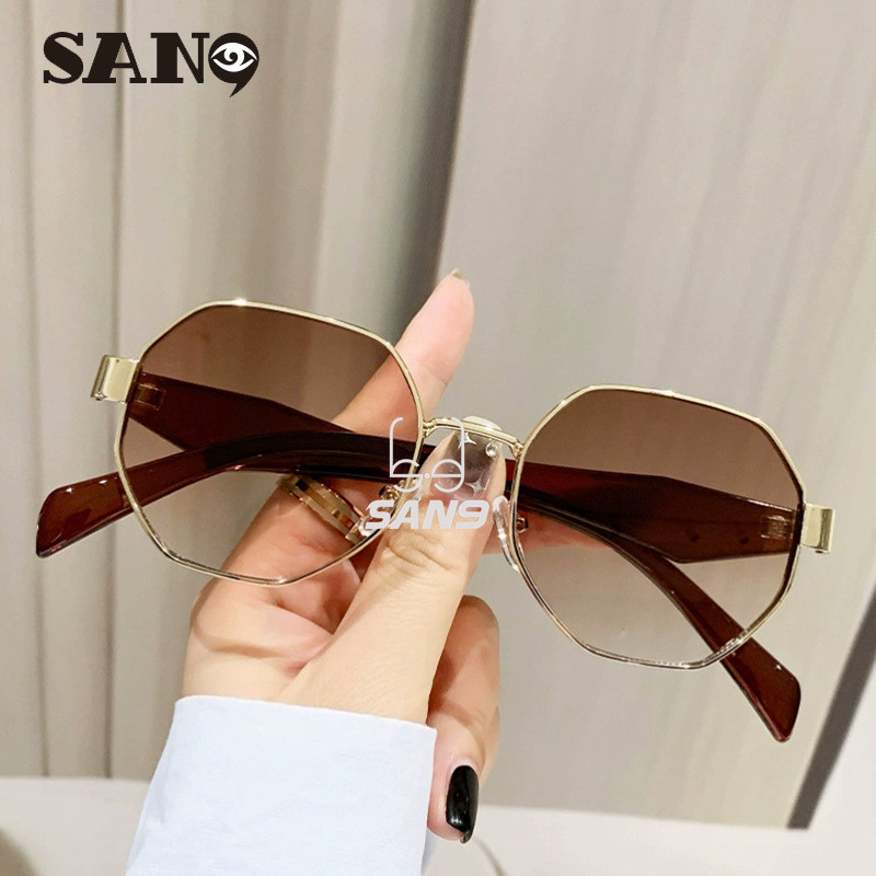 สินค้าพร้อมCOD (San9) Personalized Multilateral Square Rhombus Frame Fashion Metal Large Frame Coffee Brown แว่นกันแดด