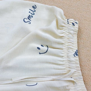 กางเกงขายาว ไซส์ใหญ่ ทรงขากระบอก เอวยางยืด พิมพ์ลาย Smile ผ้าไหมเทียม ใส่ทำงานได้ pb9882#