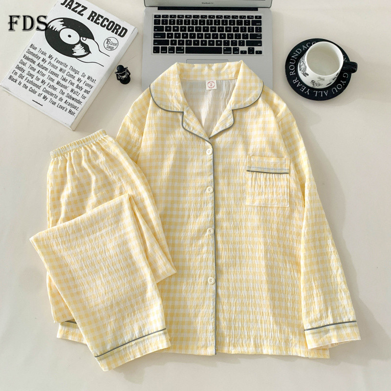 ชุดนอนผ้าฝ้าย FDS Cloud สำหรับผู้หญิง แขนยาว ฤดูใบไม้ผลิและฤดูใบไม้ร่วง ชุดนอนการ์ตูนหวาน ชุดสองชิ้น