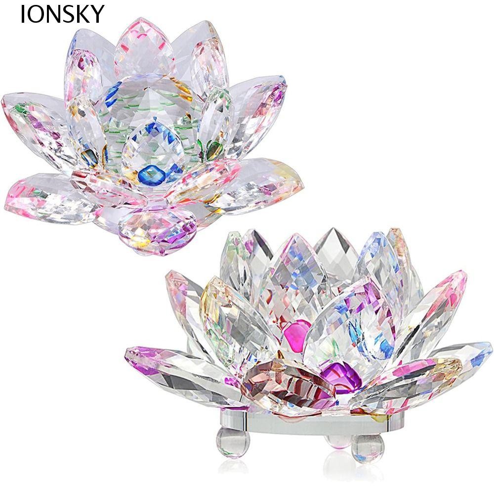 Ionsky ตุ๊กตาดอกไม้คริสตัล,กันลื่น Hue Reflection Crystal Lotus Flower, Sparkle Lucky Charm ทนทาน 3 ชั้นแก้ว Lotus Feng Shui Decor งานแต่งงานตกแต่ง