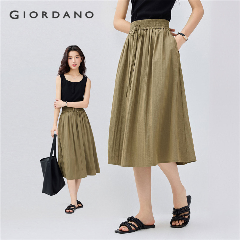 GIORDANO WOMEN Ribbon smocked elastic waist long skirt 13465348