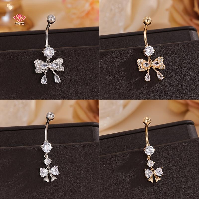 Hwetr ประณีตZircon Bow จี้ Belly ปุ่มแหวน Navel เจาะ Barbell สําหรับผู้หญิงสาวแฟชั่น Belly แหวนเซ็กซี่เครื่องประดับของขวัญใหม่