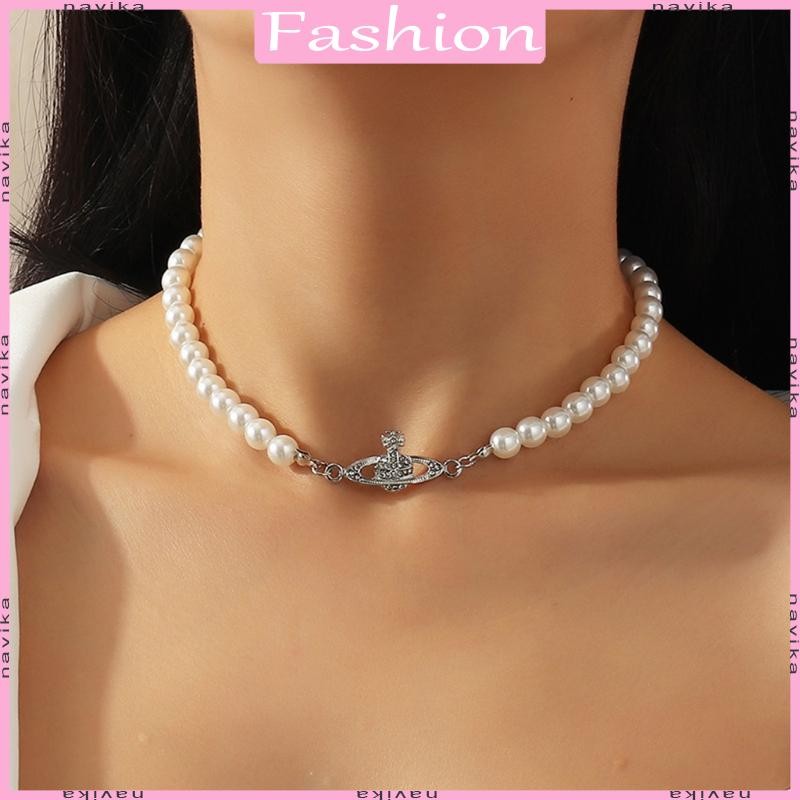 Imitation Pearl Necklace Artificial Planet Diamond Chocker Pendant for Women