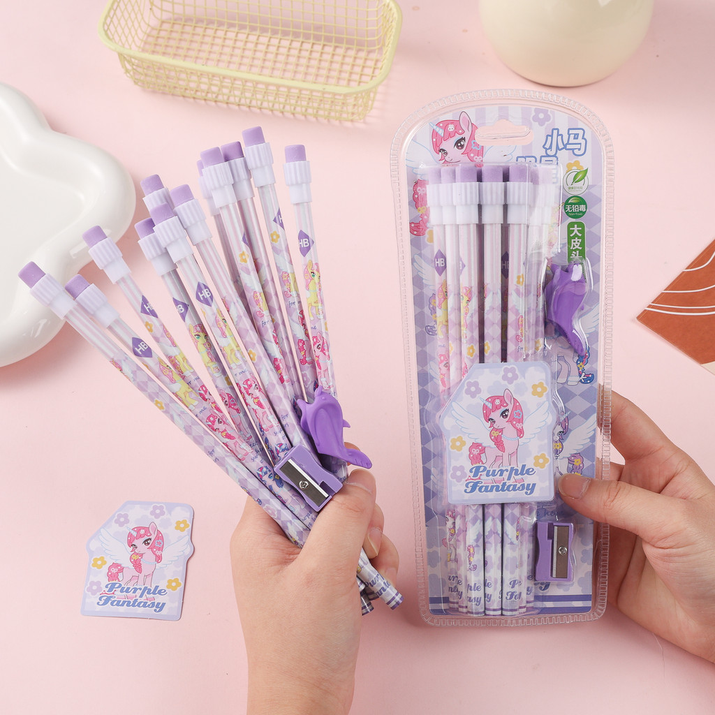 Ossayi 12Pack Kawaii My Little Pony ดินสอตะกั่วไม้ HB + ยางลบ + ชุดเหลาสําหรับนักเรียนโรงเรียนสํานักงานวาดอุปกรณ์การเขียนเครื่องเขียน