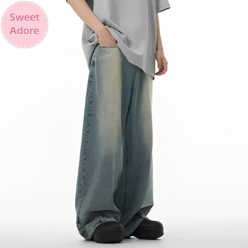SweetAdore Mens High Street Fashion Baggy Jeans Reverse Pocket Design Straight Wide Leg Denim Pants 