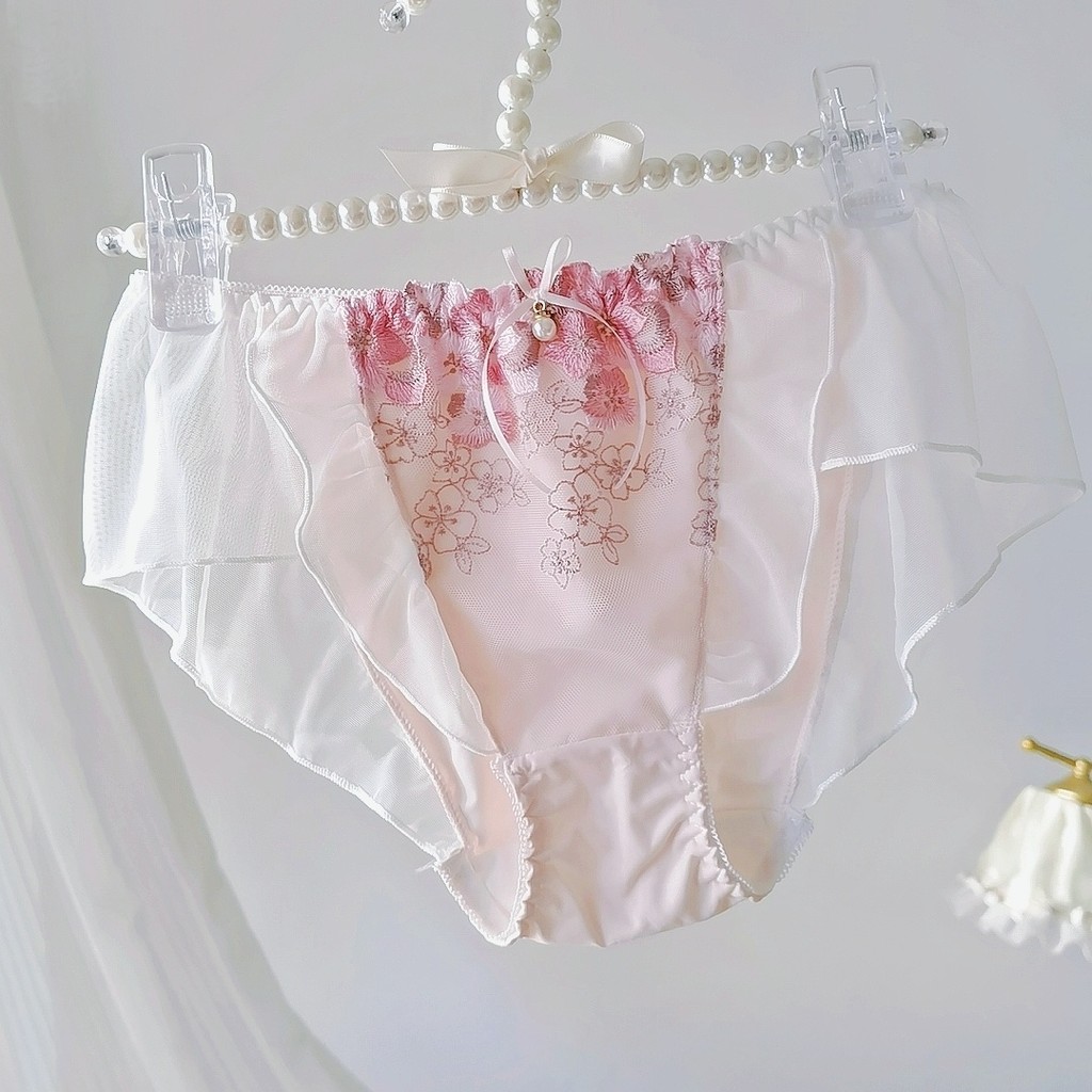 Big Ruffled Fairy สไตล์เย็บปักถักร้อยญี่ปุ่นหวานกางเกงเอวต่ําสาว Pure Desire ขอบลูกไม้กางเกงโปร่งใสบางใหม่
