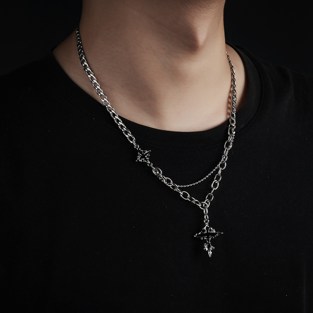 Trend Hip-hop Cross สร้อยคอจี้ Rhinestone สีดํา Double-layer Cross สร้อยคอผู้ชายอเนกประสงค์ Collarbone Chain Hip-hop เครื่องประดับสตรี