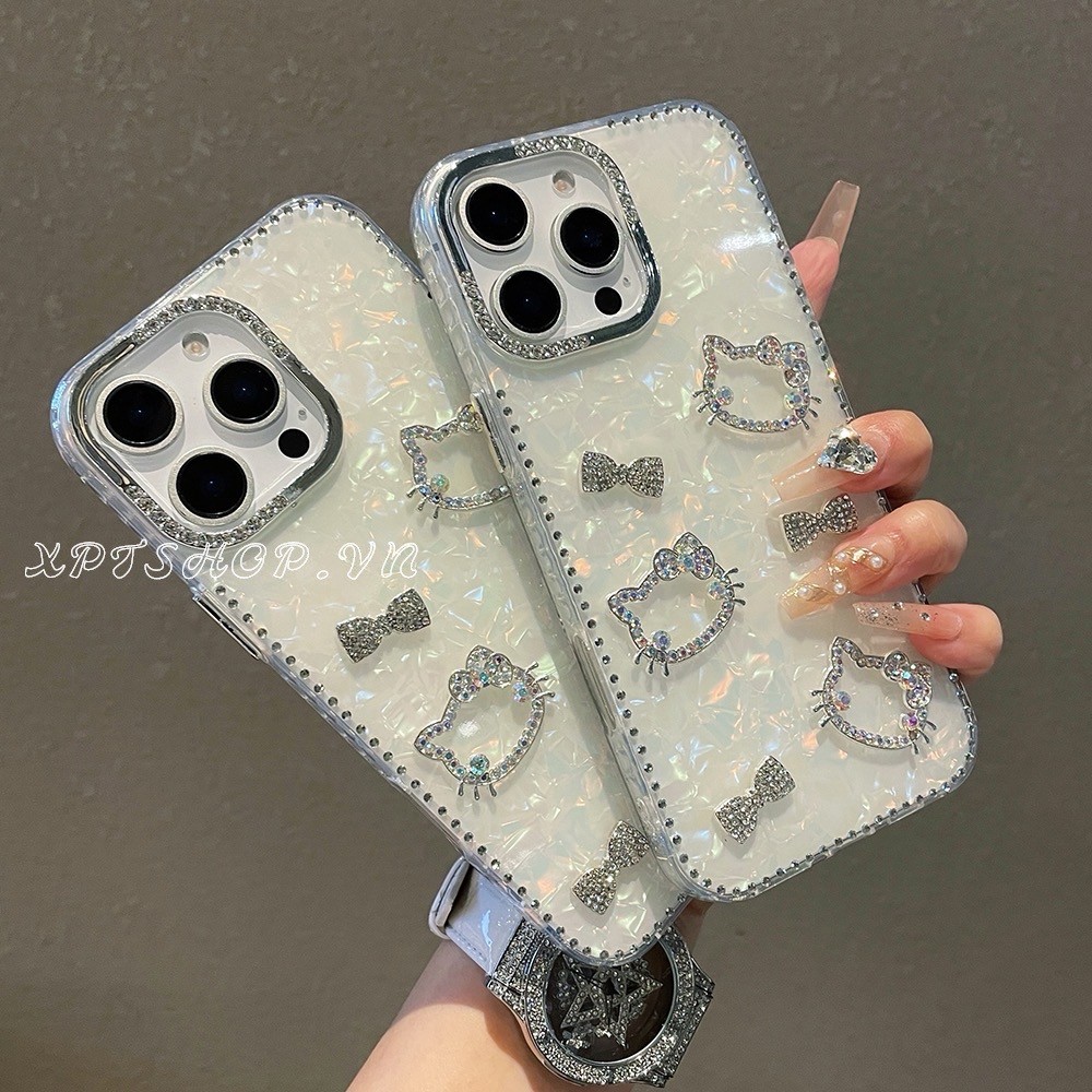 คิตตี้เพชรเชลล์เคสโทรศัพท์สําหรับ ไอโฟน 16โปรแม็กซ์ 16บวก 15 14 13 12 กันกระแทกป้องกันปลอก