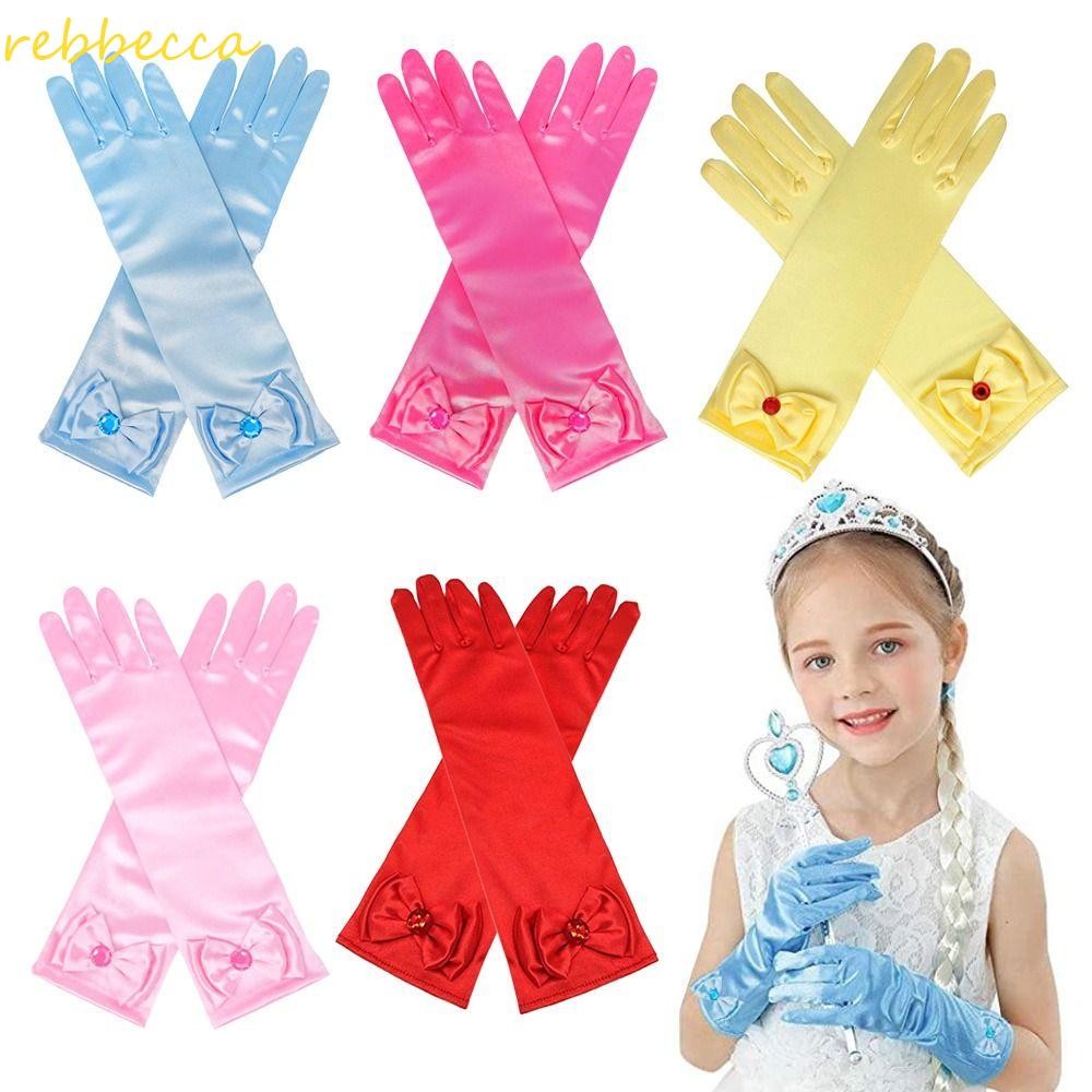REBBCCA Full Finger Mittens ถุงมือเจ้าหญิงเต้นรําประสิทธิภาพเด็กชุดแต่งงานซาตินเลื่อมถุงมือเวที