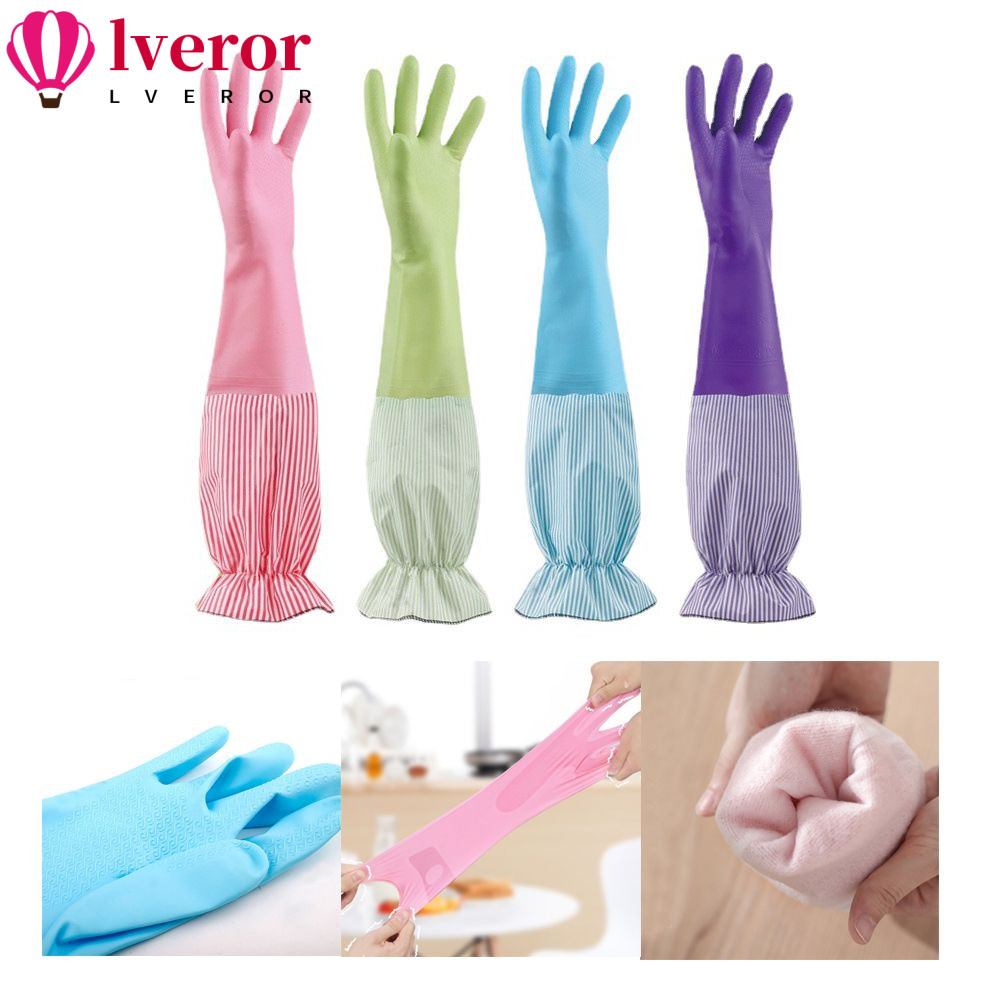 LVEROR ถุงมือล้างจาน, ถุงมือทําความสะอาดลายแถบแขนยาว, ซับในกํามะหยี่ Antiskid ทนทาน ถุงมือยางปากใบบัวสําหรับงานทําความสะอาดในครัวเรือน