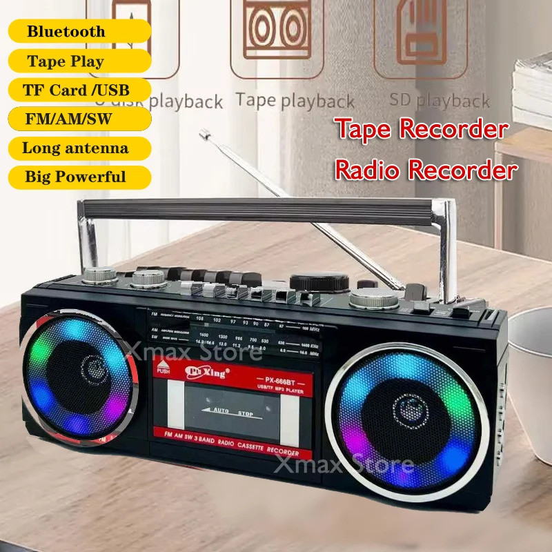 Retro แบบพกพา AM/FM/SW Multiband วิทยุสเตอริโอไร้สาย Bluetooth Mp3 Audio Cassette เทปเครื่องเล่นบันทึก USB Wiht Light