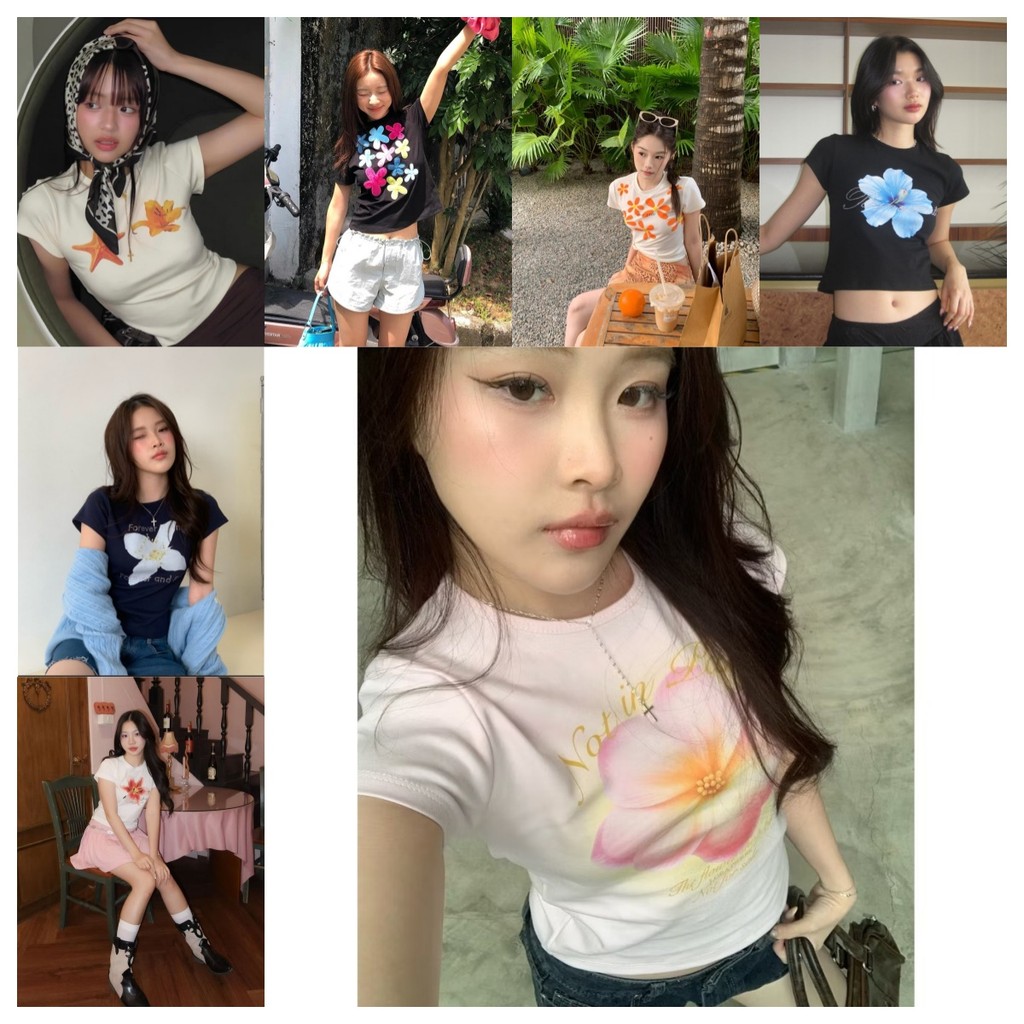(จัดส่งภายใน 24 ชั่วโมง) เสื้อครอปพิมพ์ลายดอกชบาและลายเพชร crop top