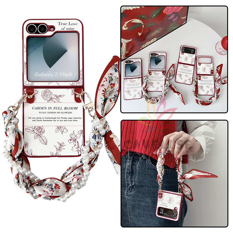 หรูหรา Hand Drawn Line ดอกไม้หนังเคสโทรศัพท์ Samsung Galaxy Z Flip 6 Z Flip 5 Z Flip 4 กรณีผ้าพันคอม