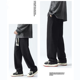 กางเกงยีนส์ Drawstring แบบสบาย ๆ สำหรับผู้ชายหลวม ๆ แฟชั่นขายาวเยาวชนรัก