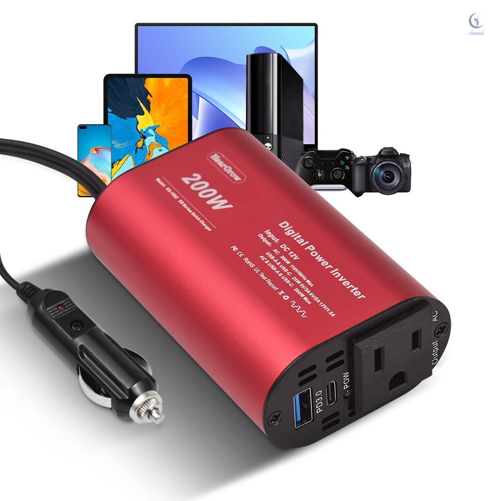 200w Power Inverter 12V to 110V AC Car Plug Adapter for Car Cigarette Lighter, Outlet Converter พร้อ