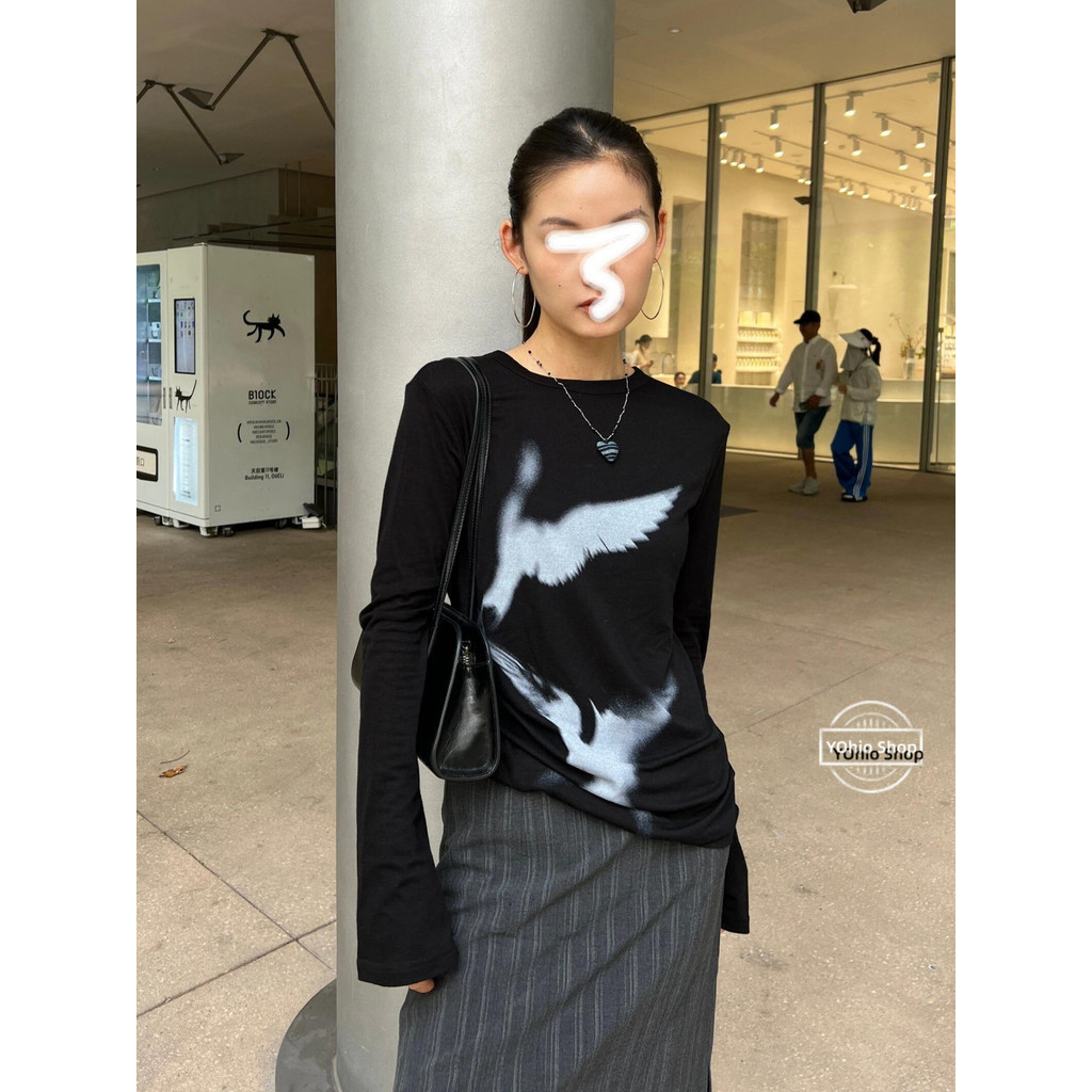 เสื้อยืดแขนยาวพิมพ์ลายนกพิราบสีขาวย้อนยุคอเมริกันฤดูใบไม้ผลิและฤดูใบไม้ร่วงของผู้หญิง