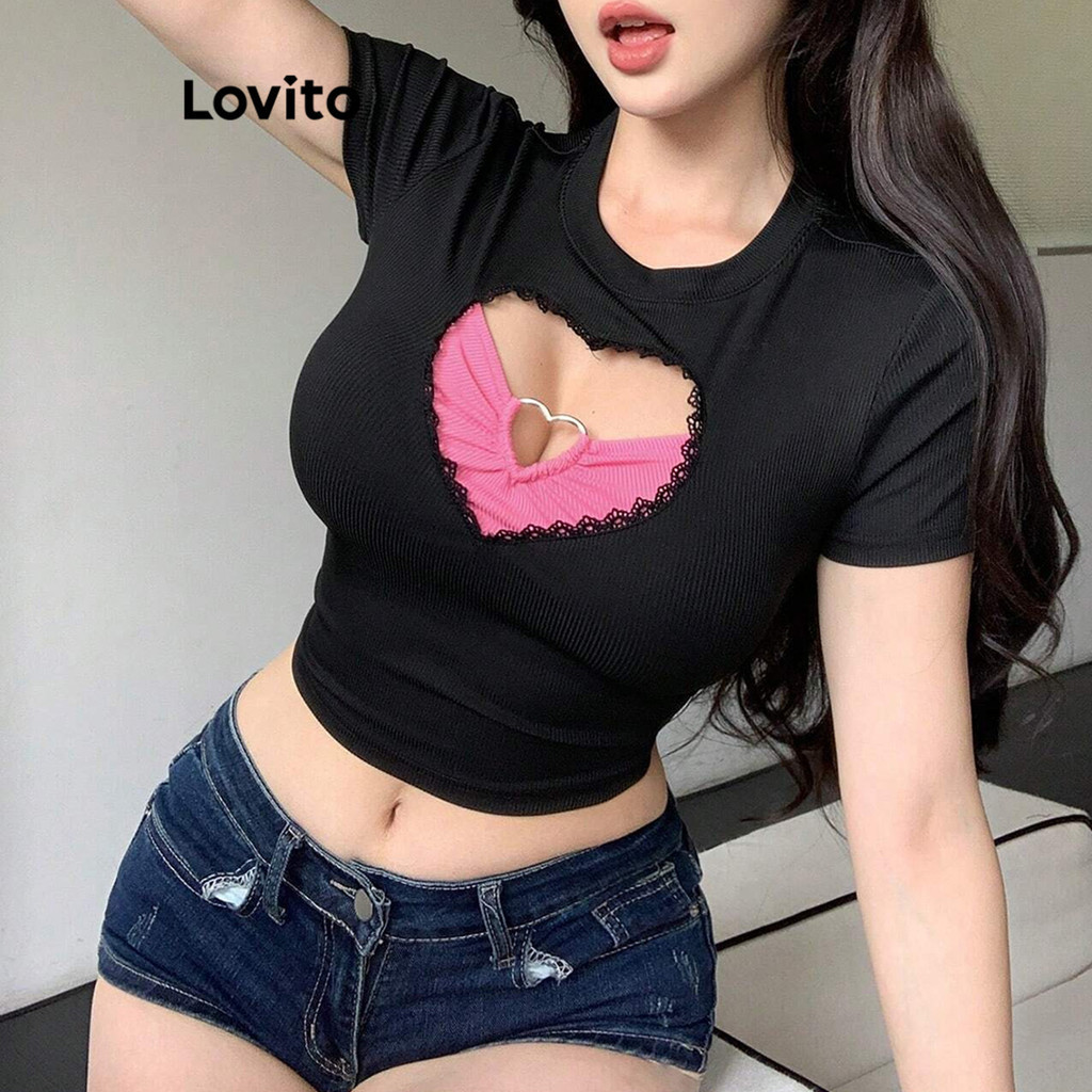 Lovito เสื้อยืดเย็บผ้าแบบลำลองสำหรับผู้หญิง L95ED863