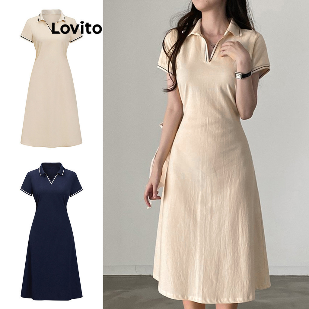 Lovito ชุดเดรสผู้หญิง คอปก ผูกเชือกหลัง สีพื้น แต่งขอบสี สไตล์ลำลอง L80ED294