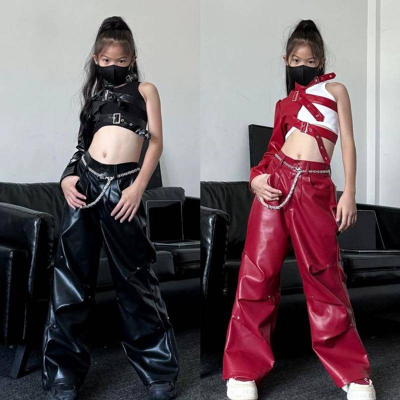 [KeDaYa] พร้อมส่ง กางเกงหนังสไตล์เกาหลี เสื้อคลุมหนังวินเทจอเมริกัน สายเดี่ยว ชุดฮิปฮอปเด็กผู้หญิง ชุดเต้นโมเดิร์น Y2K OOTD
