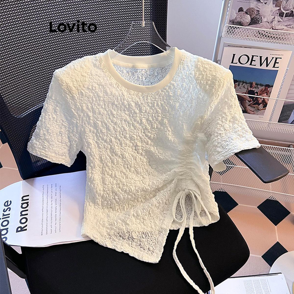Lovito เสื้อยืดผู้หญิง มีสายผูก ทรงอสมมาตร แต่งลูกไม้ สีพื้น สไตล์ลำลอง LNE48282