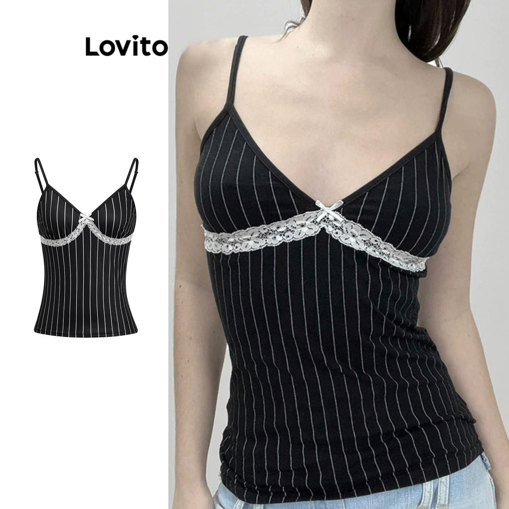 Lovito เสื้อกล้ามลูกไม้สีพื้นลำลองสำหรับผู้หญิง L108ED439
